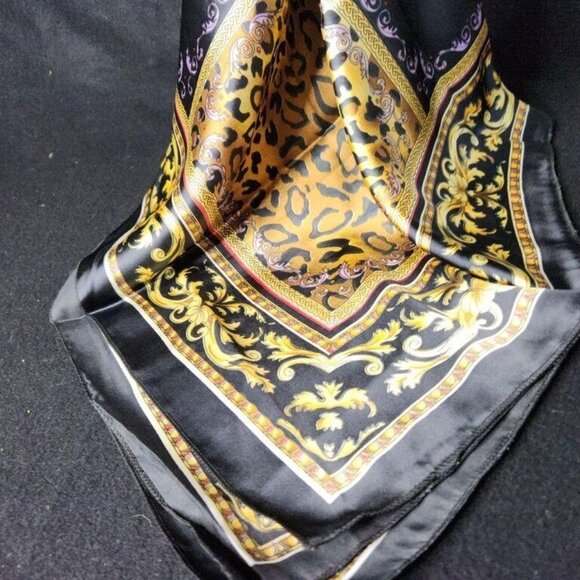 Vintage Chinese Silk Abstract Square Scarf Shawl Black Gold w/ Hologram 39 x 39 - Picture 4 of 5